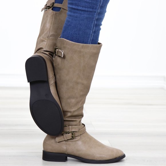 Taupe Rider Chick Mid Calf Boots With Buckles - Picture 5 of 11